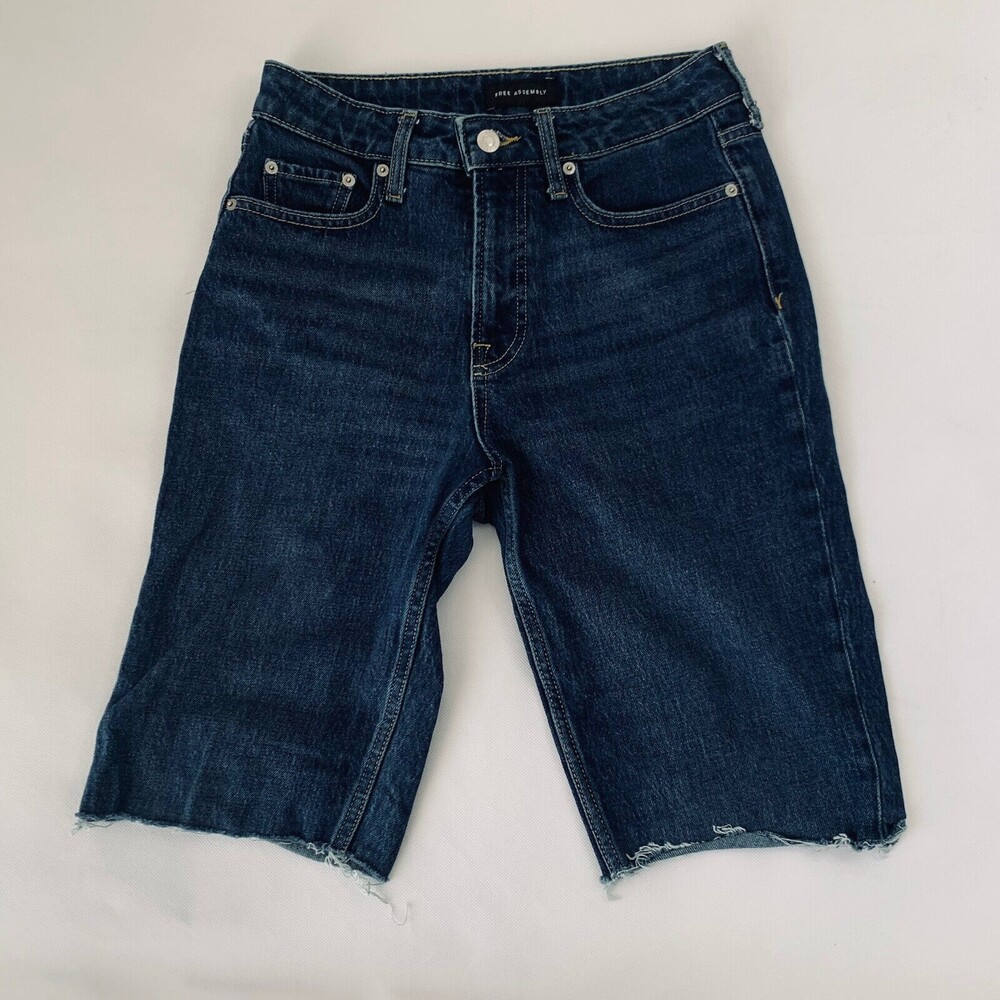 Free Assembly Shorts Women 2 Super High Rise Dark Wash Bermuda Cutoff Denim